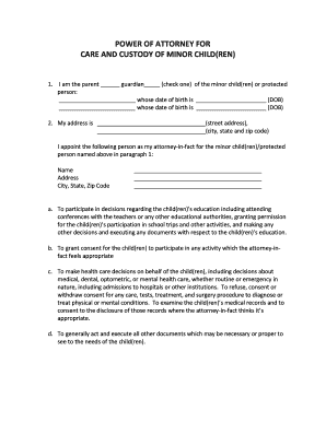 Power of Attorney for Care and Custody of Minor Child