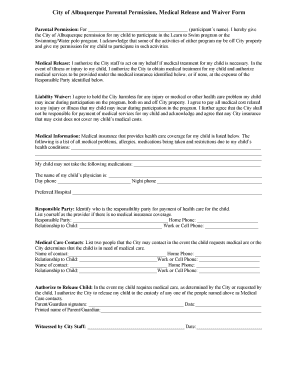 City of Albuquerque Parental Permission Medical Release Waiver Form