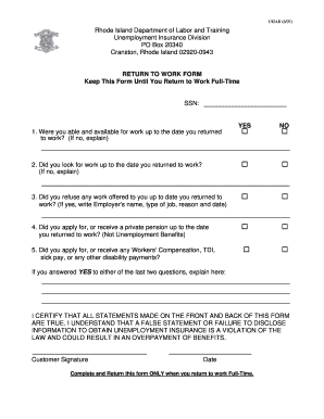 Rhode Island Return to Work Form