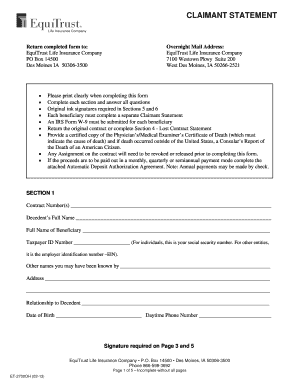 EquiTrust Life Insurance Claimant Statement