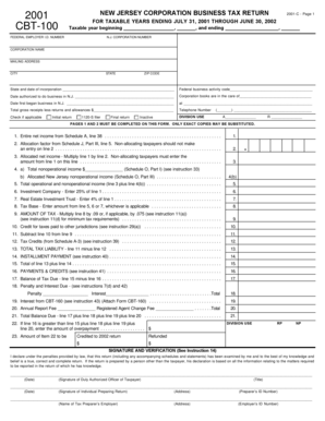 New Jersey Corporation Business Tax Return