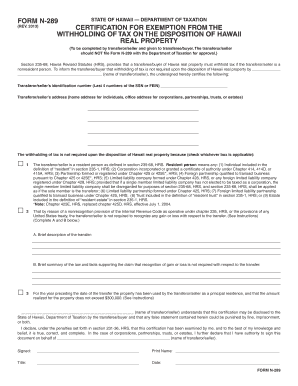 Hawaii Form N-289 Certification for Exemption from Tax Withholding