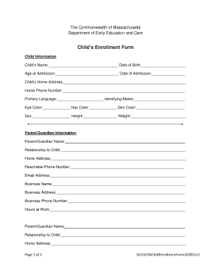Massachusetts Child Enrollment Form