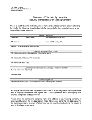 Vehicle Title Held by Lienholder Form