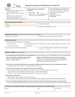 Wisconsin P-521 Request for Copies of Tax Returns or Forms W-2