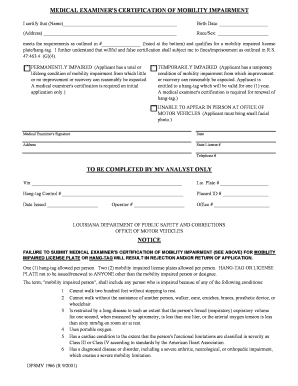 Medical Examiner's Certification of Mobility Impairment