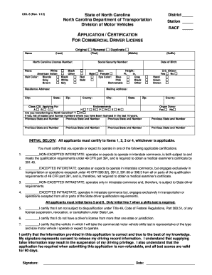North Carolina Commercial Driver License Application
