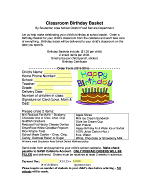 Classroom Birthday Basket Order Form