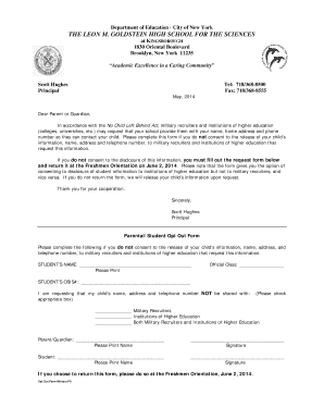 Parental Opt Out Form for Student Information Release