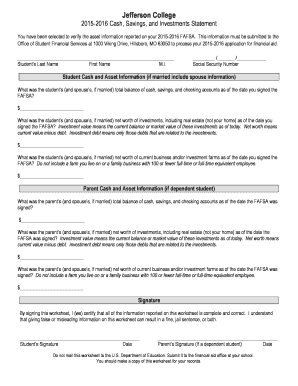 2015-2016 FAFSA Cash and Investments Verification Form