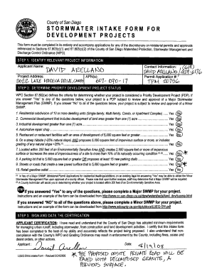 Storm Water Intake Form for Development Projects