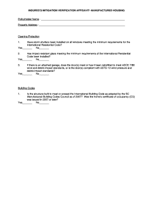 Insured's Mitigation Verification Affidavit - Manufactured Housing