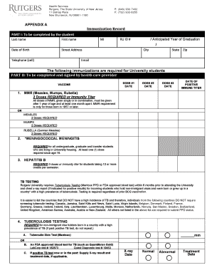 Rutgers University Immunization Record Form
