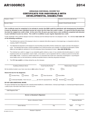 Arkansas Individual Income Tax Certificate for Developmental Disabilities