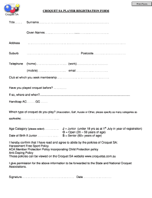 Croquet SA Player Registration Form