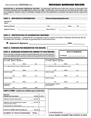 Michigan Marriage Record Application