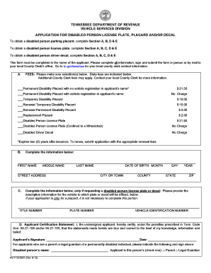 Tennessee Disabled Person License Plate Application