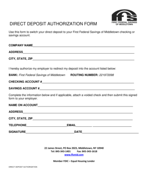 Direct deposit authorization form - First Federal Savings of Middletown