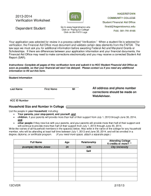 Hagerstown Community College Financial Aid Verification Worksheet