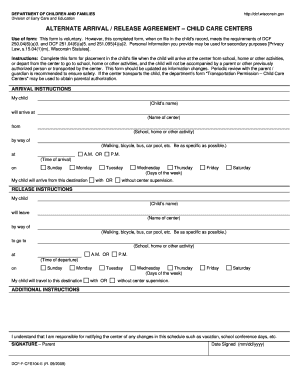 Alternate Arrival Release Agreement Child Care Centers