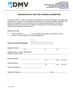 Nevada Veteran’s Exemption Donation Form