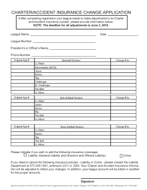 Little League Charter and Insurance Change Application