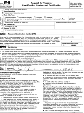 IRS Form W-9 Request for Taxpayer Identification Number and Certification