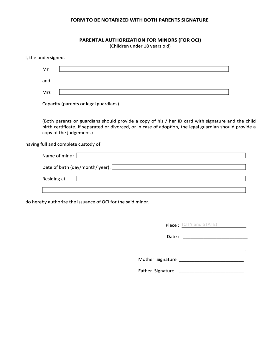 Parental Authorization Form For Minors OCI