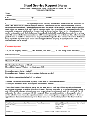 Fillable Online gardenpondsunlimited Pond Service Request Form - Garden ...