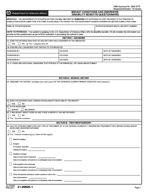VA Form 21-0960K-1 Breast Conditions and Disorders Disability Benefits Questionnaire