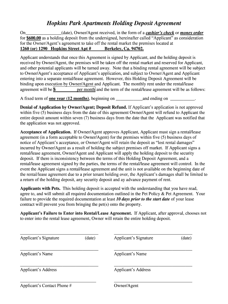 Fillable Online Holding Deposit Agreement Hopkins Park Apartments Fax