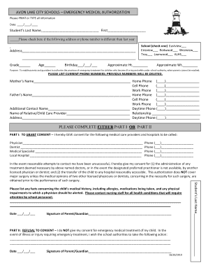 Avon Lake City Schools Emergency Medical Authorization