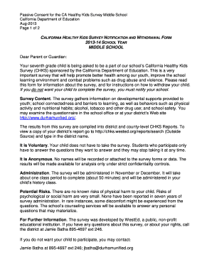 California Healthy Kids Survey Middle School Consent Form