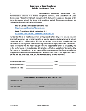 City of Dallas Cellular Use Consent Form