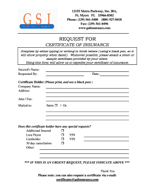 Request for Certificate of Insurance