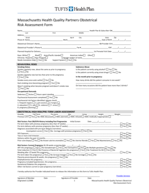 Massachusetts Obstetrical Risk Assessment Form
