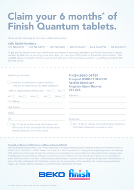 Beko Dishwasher Finish Quantum Tablets Claim Form