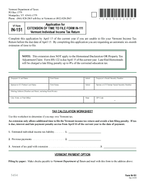 Vermont Form IN-151 Extension of Time to File