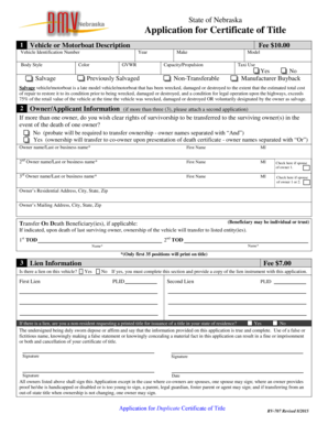 Nebraska Application for Certificate of Title