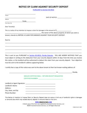Notice of Claim Against Security Deposit