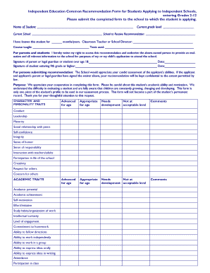 Independent Education Common Recommendation Form