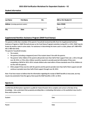 2013-2014 Verification Worksheet for Dependent Students