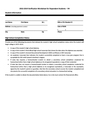 2013-2014 Verification Worksheet for Dependent Students
