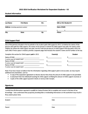 2013-2014 Verification Worksheet for Dependent Students