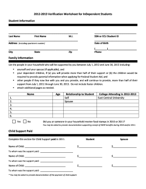 2012-2013 Verification Worksheet for Independent Students