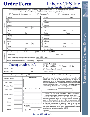 LibertyCFS Customs and Transportation Order Form
