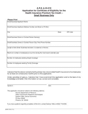 Arizona Small Business Health Insurance Premium Tax Credit Application