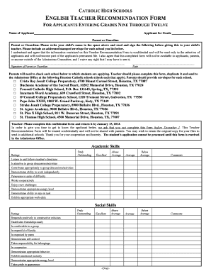 Catholic High School English Teacher Recommendation Form