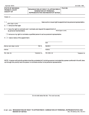 Michigan Probate Court Renunciation of Right to Appointment