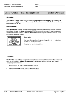Linear Functions Slope-Intercept Form Worksheet